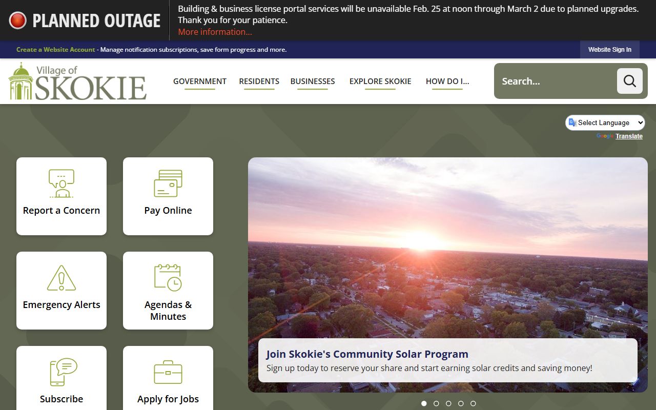 Village of Skokie homepage for traffic court records