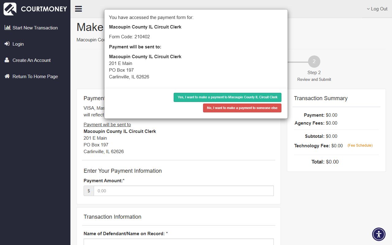 CourtMoney payment page for Whiteside County traffic court records