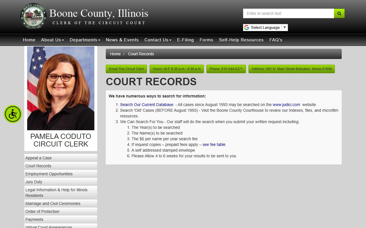 Boone County court records page for traffic court records