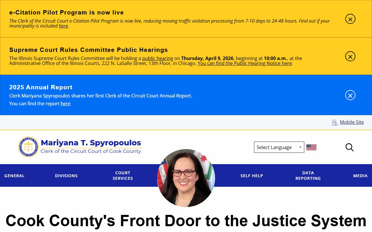 Cook County Clerk of Court homepage for traffic court records