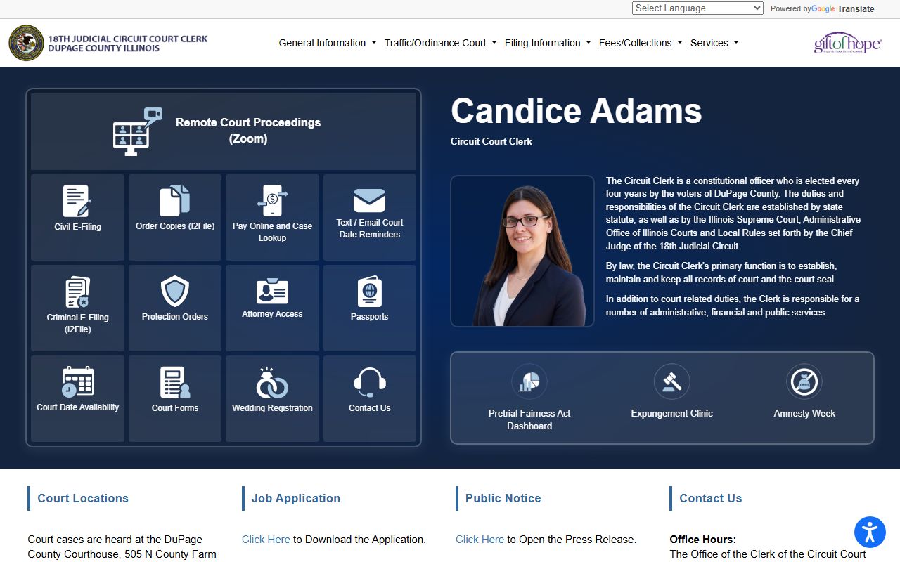 DuPage County Circuit Clerk homepage for traffic court records