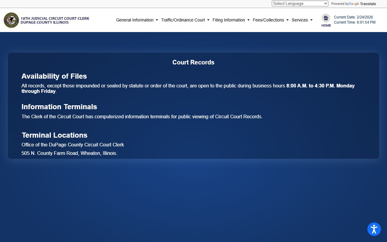 DuPage County court records search page for traffic court records