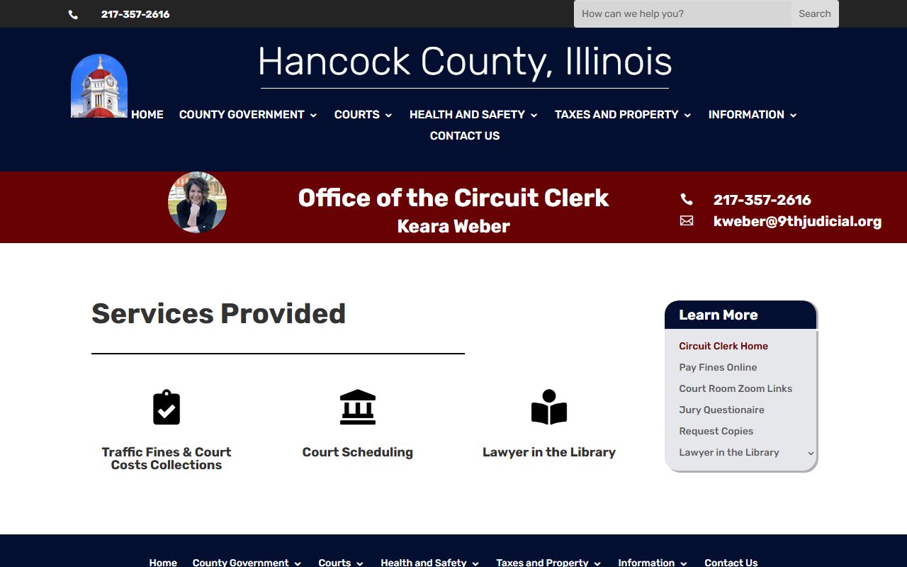 Hancock County Circuit Clerk homepage for traffic court records