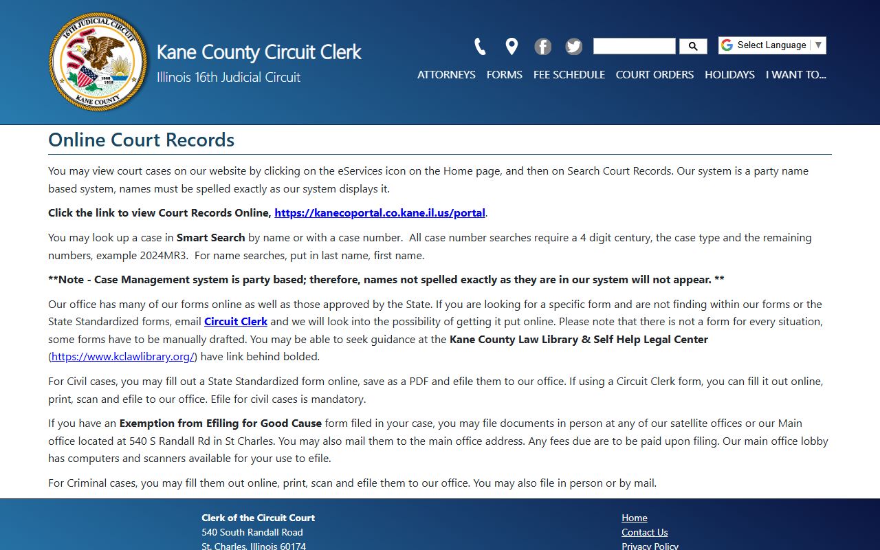 Kane County online court records page for traffic court records