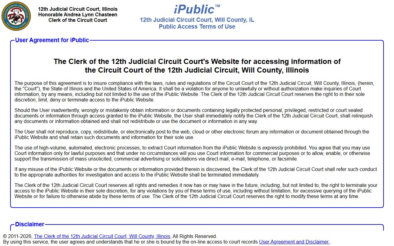 Will County iPublic portal for traffic court records search