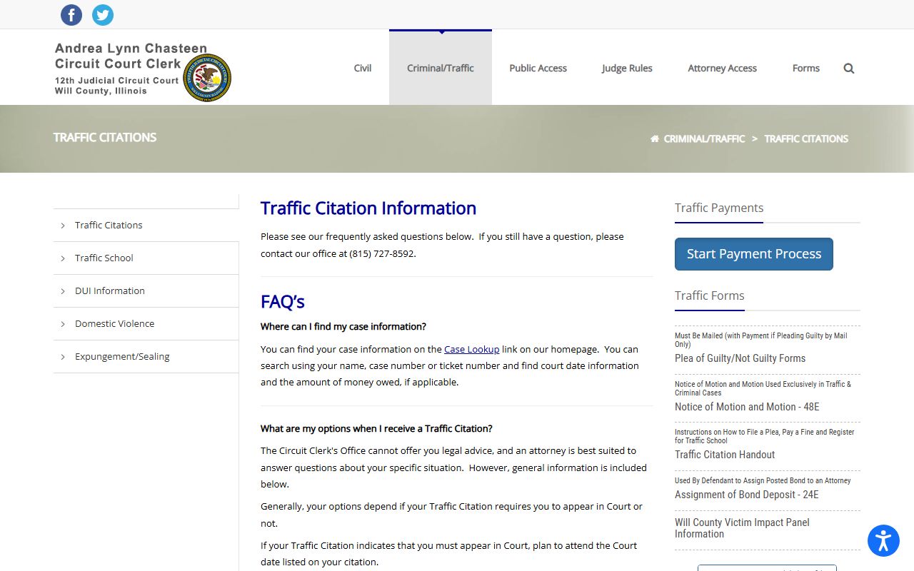 Will County traffic citations page for traffic court records