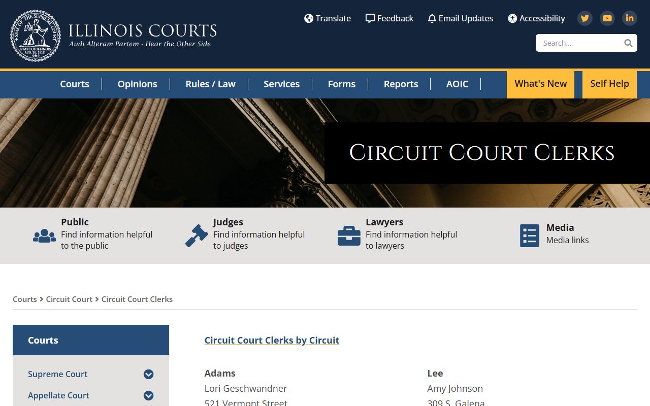 Illinois Circuit Court Clerks directory for traffic court records lookup