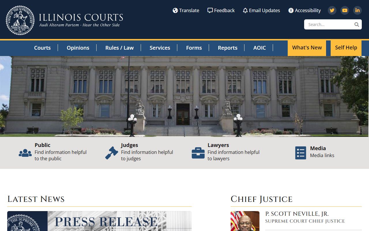Illinois Courts homepage for searching Illinois traffic court records