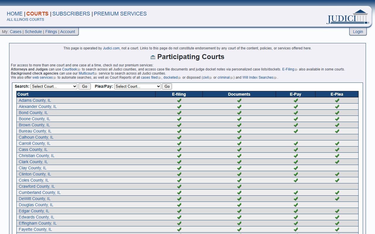 List of Judici participating courts for Illinois traffic court records search